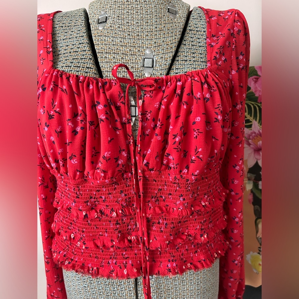 FREE PEOPLE Lolita Red Floral Print Ruffled Crop Top. Sz. L - Picture 3 of 7